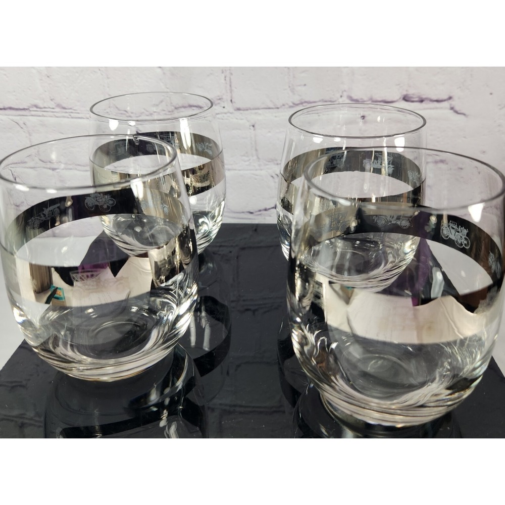 Vintage Classic Cars MCM Roly Poly Glasses Etched In Silver Band Barware Set 4